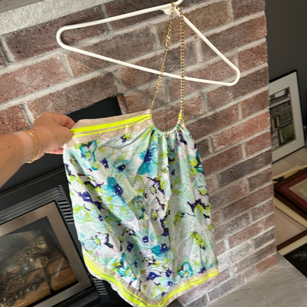 Medium express tie back gold chain halter silky top